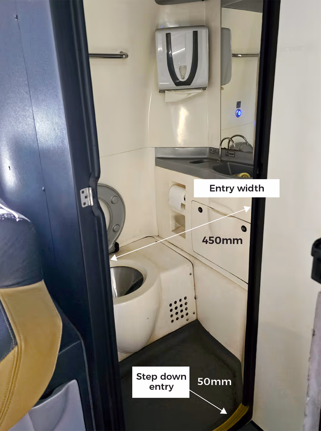 Gold Class onboard toilet compartment with annotations showing 450mm entry width and 50mm step down