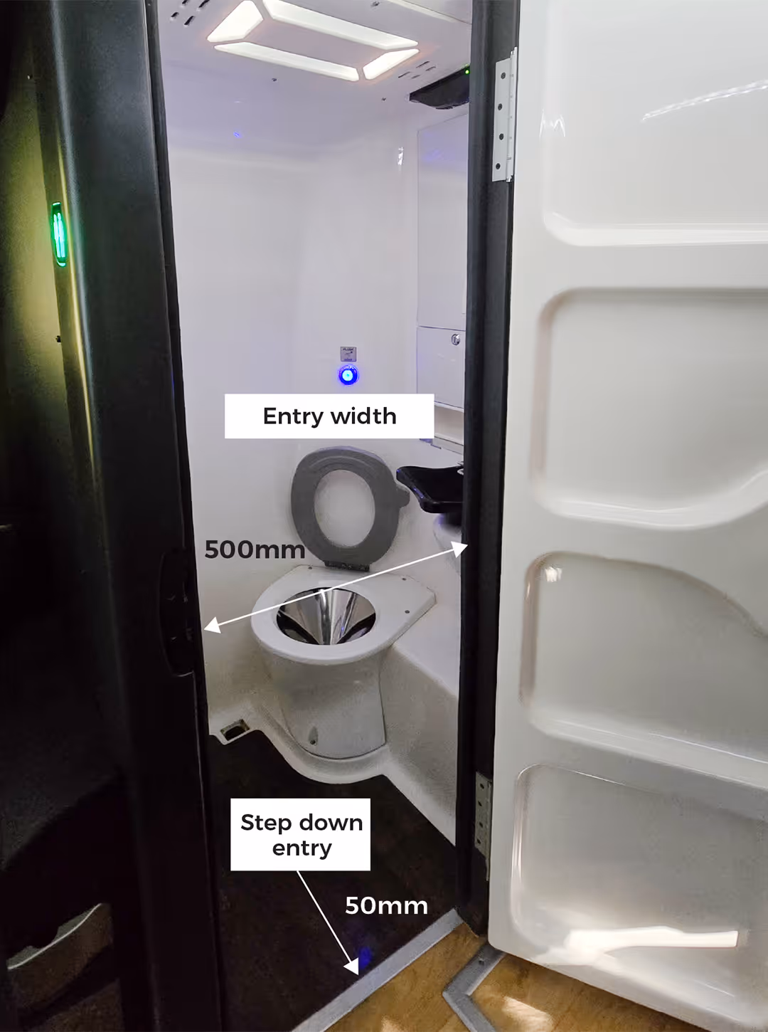 Diamond Class onboard toilet compartment with annotations showing 500mm entry width and 50mm step down