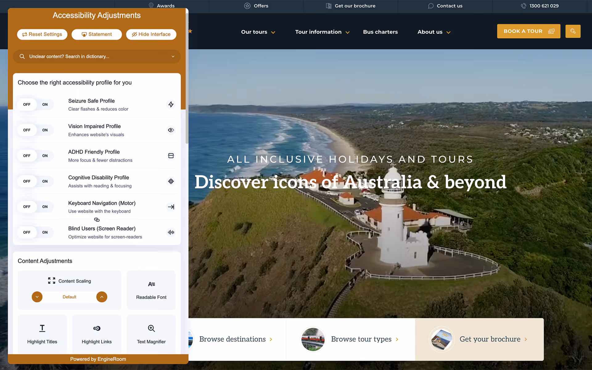 Screenshot of the Fun Over 50 Holidays website showing the accessibility adjustments menu