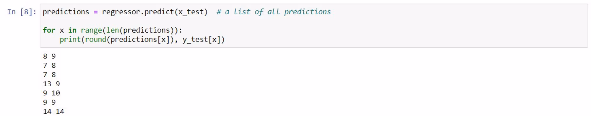 Printing the model’s predicted grade and the actual final grade