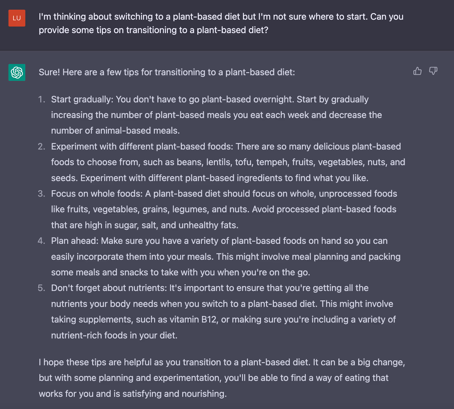 ChatGPT on transitioning to a plant-based diet