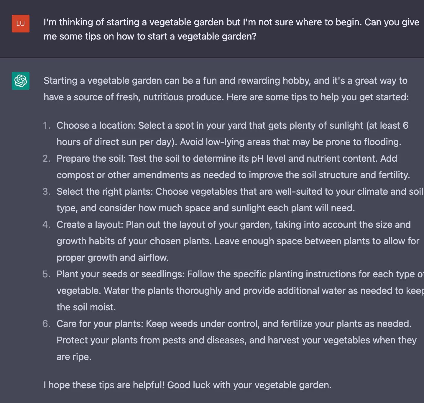 ChatGPT on how to start a vegetable garden