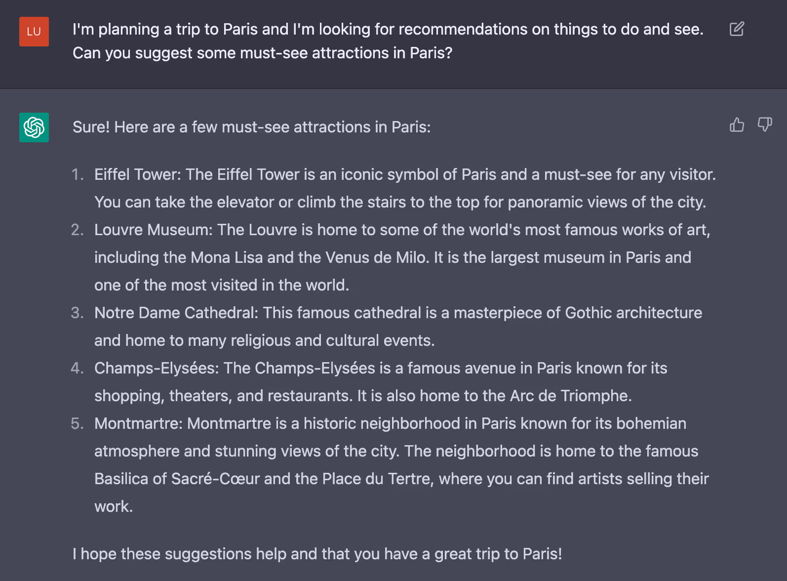 ChatGPT on must-see attractions in Paris