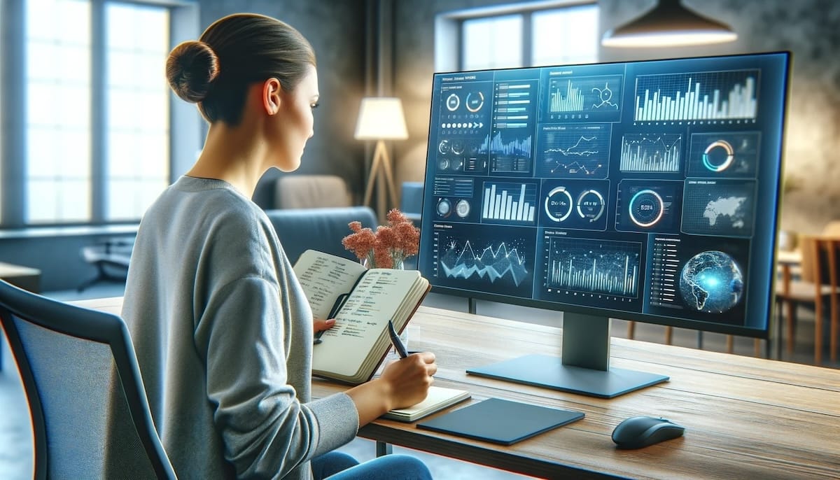 Woman focused on a data dashboard