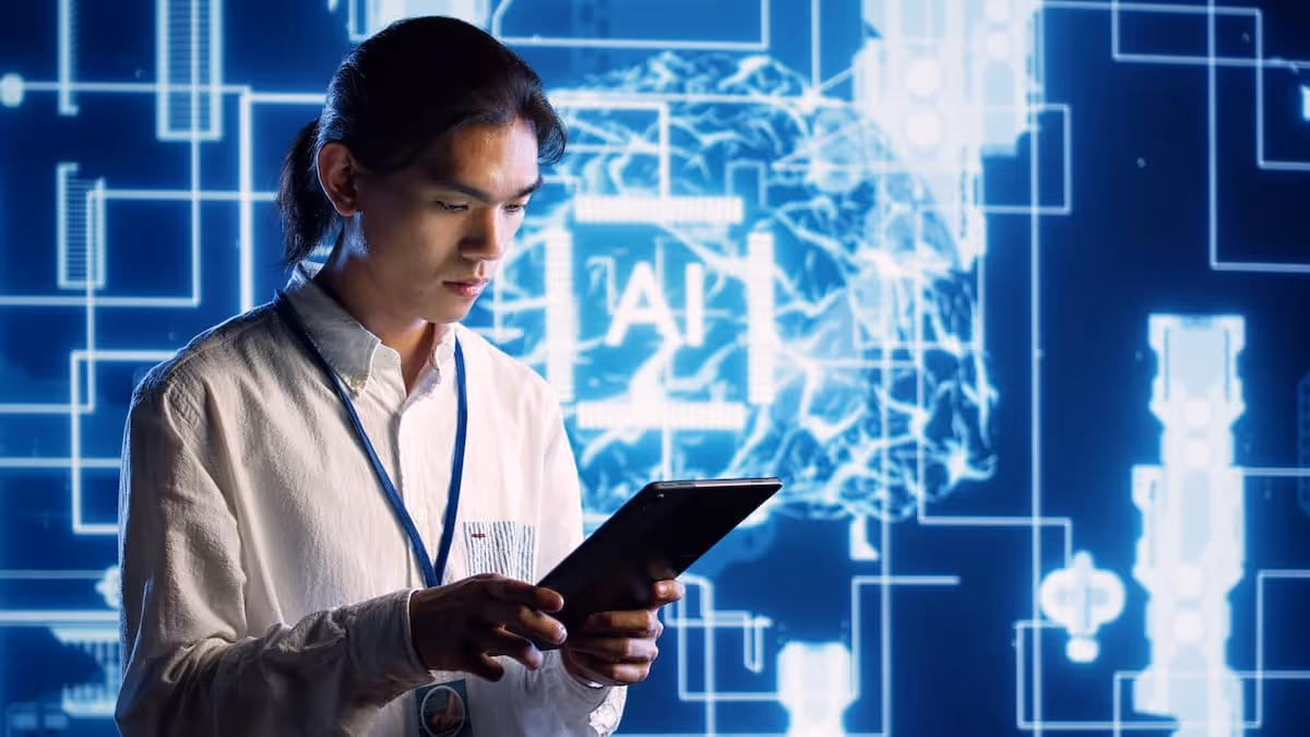 AI engineer using a tablet in front of a futuristic background