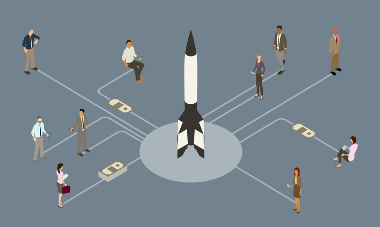 10 business people gather around a rocket on a launchpad, illustrating the inaugural launch of something new