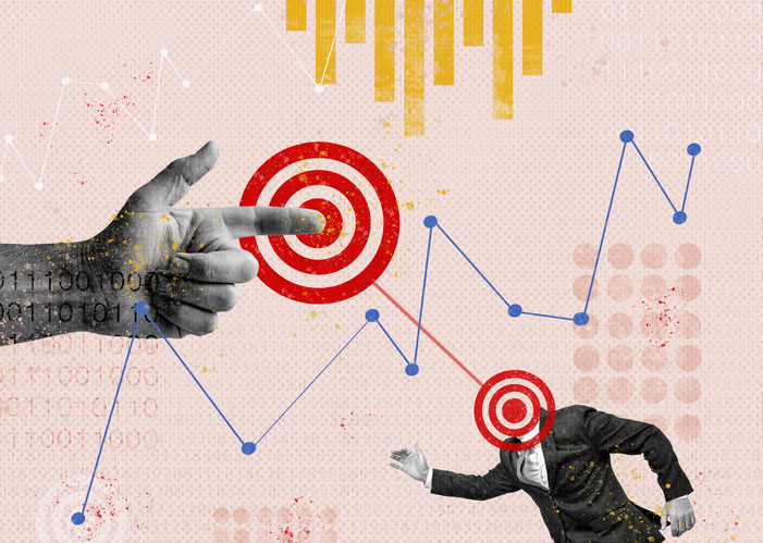 Creative abstract collage about business success and striving for a goal. Hand finger pointer and person hurrying.