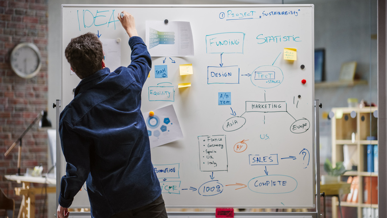 Founder writing ideas on a whiteboard