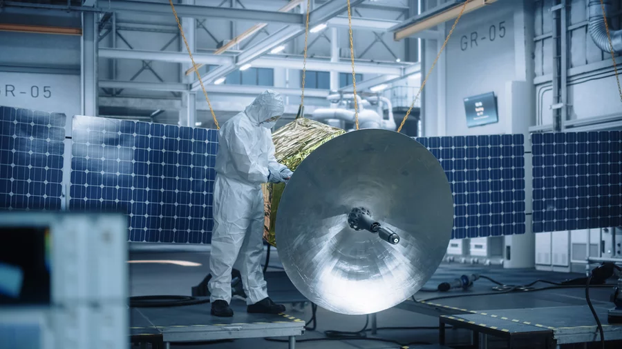 A technician working on a satellite.