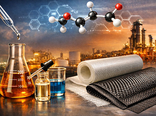 Laboratory glassware, chemical molecules, and composite fiberglass materials representing vinyl ester resin manufacturing and industrial chemical production.