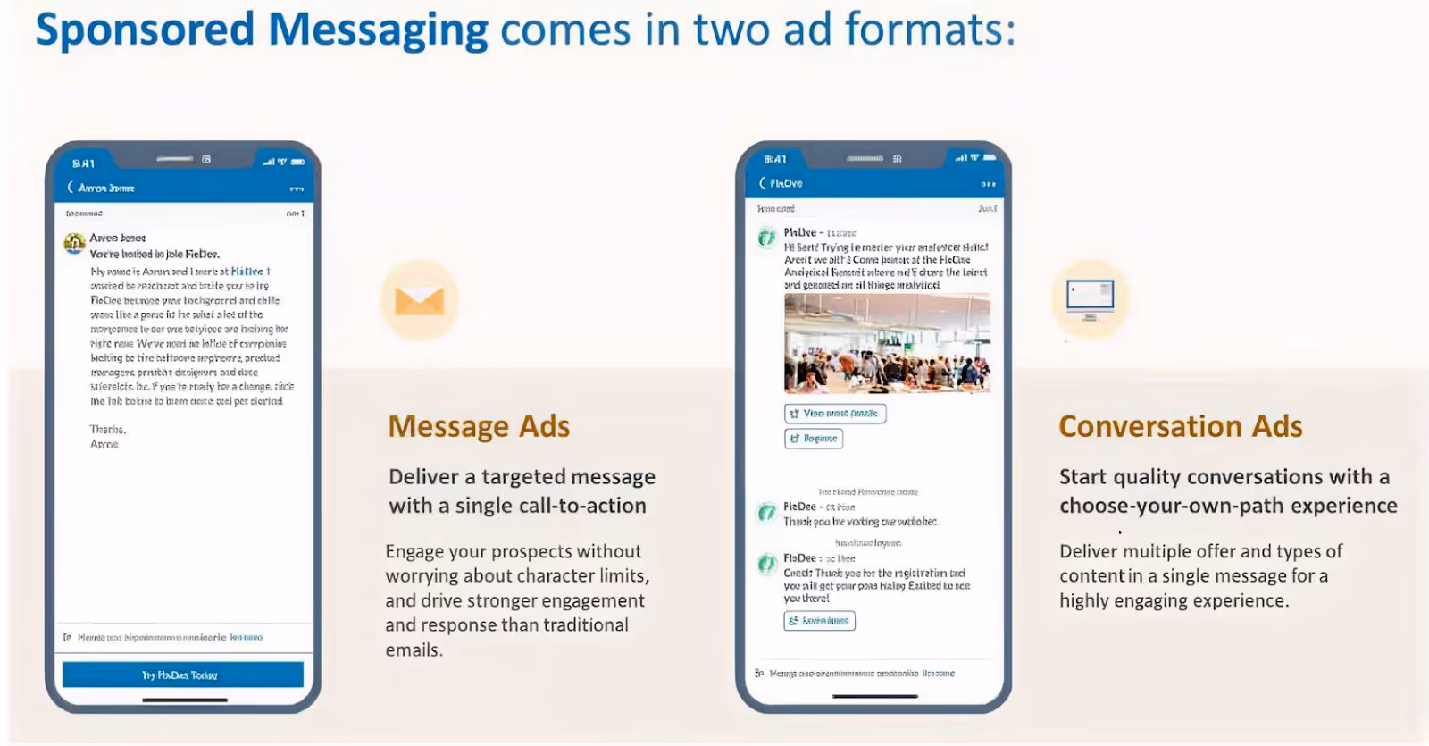 Meta Title LinkedIn Conversation Ads: How to Slide Into DMs (Professionally) Without Sounding Like an Ad Meta Desc / Summary Learn how Conversation Ads on LinkedIn compare to LinkedIn Message Ads, best practices for LinkedIn messaging ads, and when to use sponsored messages effectively. Slug /linkedin-conversation-ads-and-linkedin-message-ads Category  Marketing Author Subiksha Editor Vrushti Oza Has inline CTA?   CTA Heading   CTA Subheading   CTA Button Text   Is it AI-generated?   Ai Author(s)         LinkedIn Conversation Ads: Sliding Into DMs Without Sounding Like an Ad Let’s be honest.  Most LinkedIn ads get scrolled past faster than a Monday motivation post. You know the ones. Big promise. Bigger stock photo. Zero memory of it five seconds later.  But LinkedIn Conversation Ads are different.  They don’t fight for attention in the feed. They don’t interrupt someone mid-scroll. They land straight in the inbox.  And when they’re done right, they don’t feel like ads at all. They feel like the start of a conversation. The kind you might actually reply to.  If you’ve been curious about LinkedIn message ads, LinkedIn sponsored messages, or how to make LinkedIn messaging ads convert without sounding spammy, you’re in the right place.  Let’s break it down, simply, practically, and without the buzzwords. TL;DR LinkedIn Conversation Ads work best for long, complex B2B buying journeys, especially when multiple stakeholders are involved, and buyers want to explore before committing. They are not designed for instant conversions. If your goal is quick leads or low CPL, Message Ads or Feed ads are often a better fit. The real value of Conversation Ads lies in intent signals, like clicks, choices, and engagement paths, not just form fills. To judge them correctly, you need full-funnel visibility. When engagement is connected to downstream behavior and revenue, Conversation Ads become a meaningful driver of the pipeline. What are LinkedIn Conversation Ads (and how are they different from message ads)? LinkedIn offers two inbox-based ad formats under Sponsored Messaging. They’re often lumped together, but they behave very differently.   1. LinkedIn Message Ads Think of Message Ads as a single-message push.  You send one message. You include one CTA. You hope they click. That’s it.   They work best when: You have one clear goal (book a demo, download a guide) You want direct, cost-effective outreach Your audience prefers short, no-nonsense messaging  Message Ads aren’t bad. They’re just… direct. Sometimes too direct. 2. LinkedIn Conversation Ads Conversation Ads are more like choose-your-own-adventure. Instead of forcing one action, you give users multiple response paths: FAQs Content Demos Webinars Pricing Even “just browsing.”  The buyer decides what happens next. They work best when: You want interactive engagement You’re running ABM or high-intent campaigns You want prospects to engage on their terms, not yours  In short: Message Ads talk to people. Conversation Ads speak with them.  And in B2B, that difference matters more than we admit. Why Conversation Ads work so well in B2B Here’s the truth about B2B buyers: They hate being sold to, but they love being informed.   Conversation Ads lean into that reality. Instead of forcing a demo request upfront, they let buyers: Explore content at their own pace Self-qualify without pressure Signal intent through clicks and choices  And those choices? They’re gold.  Every click inside a conversation tells you what the buyer actually cares about: Are they curious? Are they researching? Are they close to buying?  That’s far more valuable than a single “Submit” button. The anatomy of high-performing LinkedIn Conversation Ads So what actually drives engagement? Let’s break down the patterns that show up again and again in high-performing Conversation Ads. 1. Start with the right CTA (Hint: It’s not “Book a Demo”) Across successful campaigns, the best-performing CTAs are surprisingly… gentle.   They sound like: See how it works Get started for free Find out more Book a demo (but usually not as the first step)  Curious, why does this work? Because Early-funnel CTAs reduce pressure They invite curiosity instead of commitment They feel helpful, not transactional Think of CTAs as doors, not demands.  Once someone walks through willingly, the rest gets easier. 2. Personalization starts with targeting (Not copy) Here’s a hard truth: Great copy cannot save bad targeting.  For Conversation Ads, LinkedIn Ads targeting does most of the heavy lifting. The most effective campaigns usually layer: Job title + function (not just one) Seniority (decision-makers matter here) Skills and expertise tied to the problem you solve Location, when buying behavior differs by region  Conversation Ads feel personal by nature. If the targeting is off, that illusion breaks instantly.  Right message. Right inbox. Right moment.  Related read: Top LinkedIn Ads targeting mistakes in B2B. 3. Avoid buzzwords. Say the real thing. One pattern that shows up again and again in underperforming ads is the use of too many buzzwords and too little substance.  Words like AI-powered, optimize, streamline, and game-changer are everywhere, and buyers have learned to mentally skip them.  What works better? Specific problems Concrete outcomes Relatable frustrations  Bad: “Our AI-powered platform optimizes workflows.”  Better: “Still managing this in spreadsheets? Here’s how your team can save 20 hours a week.”  Specific beats impressive. Every single time. The psychology behind winning Conversation Ads Conversation Ads work because they tap into the basic human psychology, not clever tricks.  The most common triggers are simple: FOMO – “See what top teams are doing differently.” Curiosity – “Want to know how this works?” Reciprocity – “Get the report, no strings attached.”  The strongest ads often combine two triggers:  Curiosity + social proof Reciprocity + urgency FOMO + data-backed claims  The key thing to remember? Don’t manipulate. If the problem is real, people will lean in.  Related read: Best AI tools for LinkedIn Advertising. Best practices for LinkedIn Message Ads and Conversation Ads Let’s make this practical. LinkedIn Conversation Ads Best Practices Keep messages short and skimmable Offer multiple response options, not dead ends Lead with value, not a sales ask Let intent reveal itself through clicks Optimize for learning, not just leads LinkedIn Message Ads Best Practices Use them when you have one clear CTA Be concise and respectful of time Avoid sounding like a cold email blast Match message tone to seniority level  Just remember, different tools, different jobs.  Related read: Scaling ABM using LinkedIn Ads Where most teams still get LinkedIn Conversation Ads wrong Here’s the gap most marketers don’t see. Conversation Ads generate multiple downstream actions, like: Website visits Content reads Return visits Assisted conversions  And not just form fills.  So, if you’re only measuring: Clicks CPL Last-touch conversions  Then, you’re missing most of the story.  What changes when you run LinkedIn Ads with Factors.ai Launching a LinkedIn Ad Campaign is only half the job. The harder part is figuring out which drove conversions and contributed to revenue.   But here is the catch: buyers do not convert in straight lines. Usually, this is what happens after a prospect clicks your LinkedIn Ad, They don’t convert immediately. They visit your website days later. They read a case study. They come back through search. Sales finally pick them up weeks later.  And somewhere along the way, LinkedIn quietly loses credit. Read more about this in our LinkedIn Ads B2B Benchmarks Report of 2025.  This is exactly the gap LinkedIn Adpilot from Factors.ai built to close. See what happens after they click your LinkedIn Ad Most reporting stops at impressions, clicks, or form fills. That is useful, but incomplete.  Factors.ai helps you see: What prospects do after they engage How different interactions influence the pipeline Which touchpoints actually contribute to deals Instead of guessing which efforts mattered, you can see the complete picture of how accounts move through your funnel after clicking your LinkedIn Ads.   Simply put, see the true ROI of LinkedIn Ads with Factors.ai Compare LinkedIn against other channels Once you can see influence, comparison becomes easier.  Factors.ai lets you analyze how LinkedIn performs alongside other channels and how ad-engaged accounts move through the funnel. This helps teams decide where to invest more and where to pull back. Build audiences without guesswork Manually maintaining account lists takes time and still goes stale.  With Factors.ai, LinkedIn audience lists are built and updated automatically using real engagement and intent signals. Instead of guessing who should see your ads, you target accounts that are actually showing interest.  Result: Less waste and cleaner targeting. Control where your LinkedIn Ads budget really goes Most teams do not realize this until they see the data. 20% of accounts often consume 80% of the ad impressions. The result is uneven reach and fast budget burn.  Factors.ai’s LinkedIn Adpilot helps you: Control impressions and clicks per account Reach more accounts with the same budget Avoid overserving the same few companies  More coverage. Same spend.   Read more about this in the LinkedIn Smart Reach blog. Optimize campaigns using conversion feedback Factors.ai also supports the LinkedIn Conversion API. That means you can: Send online and offline conversion signals back to LinkedIn Optimize campaigns based on real outcomes Scale performance without relying on third-party cookies  All without a complicated setup. So… should you be running LinkedIn Conversation Ads? Short answer: Yes. But only if you use them for what they are actually good at.  Conversation Ads work best in buying journeys that take time. They are the best when multiple stakeholders are involved, when buyers want to explore before committing, and when your goal is to educate, qualify, and learn rather than push an immediate demo.  They are not built for instant wins. If you need quick, single-action conversions or you are optimizing purely for cost per lead, Message Ads will usually perform better. Different formats solve different problems.  Where most teams go wrong is not in how they write these ads, but in how they measure them.  Conversation Ads rarely drive a straight line from click to conversion. Instead, they influence interest over time through content views, return visits, and assisted conversions across channels. When revenue is calculated only by last-click results, that influence gets ignored.  But when you connect engagement to downstream behavior and revenue, the picture changes. You can see what sparked curiosity, what kept buyers engaged, and how those early conversations helped deals move forward.  Run Conversation Ads to understand buyer intent, not to force action. Measure them with the full buyer journey in mind, and they become a meaningful driver of the pipeline rather than just another inbox placement. FAQs on LinkedIn Conversation Ads Q1. What exactly are LinkedIn Conversation Ads, and how are they different from Message Ads? LinkedIn Conversation Ads are interactive inbox ads that let prospects choose what they want to do next. Instead of sending one message with one CTA, you offer multiple options like viewing content, checking pricing, or learning more before booking a demo.  Message Ads, on the other hand, are simpler. One message, one CTA, one outcome. They work well when you already know exactly what action you want the reader to take.  If Message Ads are a straight pitch, Conversation Ads are a guided conversation where the buyer stays in control. Q2. Do Conversation Ads actually feel like real conversations? They feel conversational, but they are not live chats.  Conversation Ads follow a pre-built flow with buttons and branching paths. The experience feels interactive because buyers choose what to click, but they are not typing free-form responses.  That is also their strength. You can guide buyers without needing someone to reply in real time, while still learning what they care about based on their choices. Q3. Should I always choose Conversation Ads over Message Ads? No, and that is a common mistake.  Conversation Ads work best when buyers need time, context, or education. Message Ads work better when the action is simple and obvious.  If you only have one clear CTA and want quick action, Message Ads are usually the better choice. If you want to support research, qualification, or intent discovery, Conversation Ads are a stronger fit.  It is not about which format is better. It is about which one matches the buying situation. Q4. Are LinkedIn Conversation Ads still effective, or are people tired of them? They are still effective, but they are easier to get wrong now.  Many marketers report weaker performance when Conversation Ads feel generic, overused, or overly sales-driven. Buyers are quick to ignore anything that looks like a templated pitch in their inbox.  What still works is relevance. Tight targeting, helpful options, and clear value. When the message matches the buyer’s context, Conversation Ads continue to drive engagement and intent signals. Q5. What metrics should I actually look at for Conversation Ads? Open rates are usually high, but they do not tell the full story.  The real value comes from interaction metrics like which options people click, what content they engage with next, and whether they return later through other channels.  Conversation Ads are better judged by downstream behavior and assisted conversions, not just immediate form fills. If you only measure last-click leads, you will almost always undervalue them.