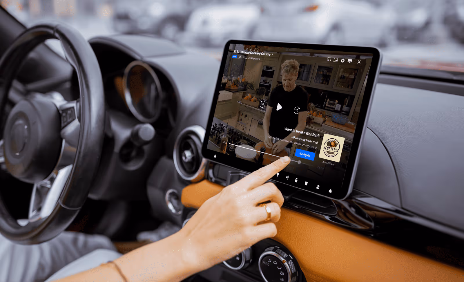Woman in a car watching a video on a tablet, illustrating the potential for monetizing in-car entertainment experiences