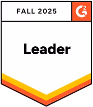 G2 Leader badge for Fall 2025 with red, orange, and yellow layered chevron design at the bottom.