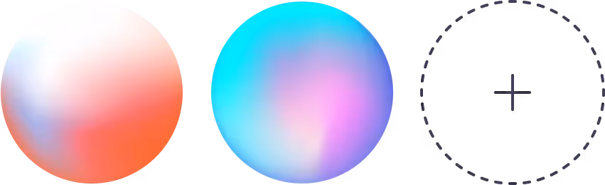 Three circular elements: two colorful blurred gradient spheres and one outlined circle with a plus sign inside.