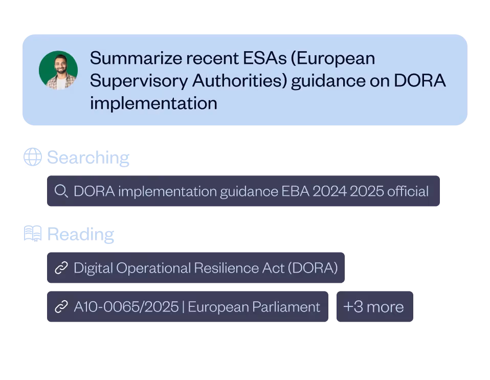 Chat interface showing a user message asking to summarize recent ESAs guidance on DORA implementation with sections for searching 'DORA implementation guidance EBA 2024 2025 official' and reading links 'Digital Operational Resilience Act (DORA)' and 'A10-0065/2025 | European Parliament' plus three more links.