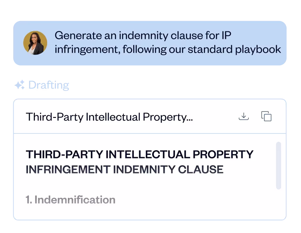 Chat message asking to generate an indemnity clause for IP infringement, followed by a draft titled 'Third-Party Intellectual Property Infringement Indemnity Clause' with section '1. Indemnification'.