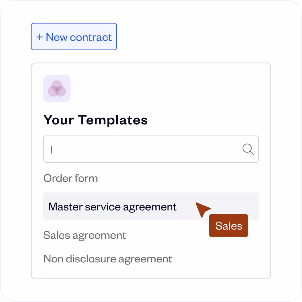 Templates panel showing a search bar and a highlighted 'Master service agreement' template under Order form with cursor labeled 'Sales' pointing to it, and other templates listed: Sales agreement and Non disclosure agreement.