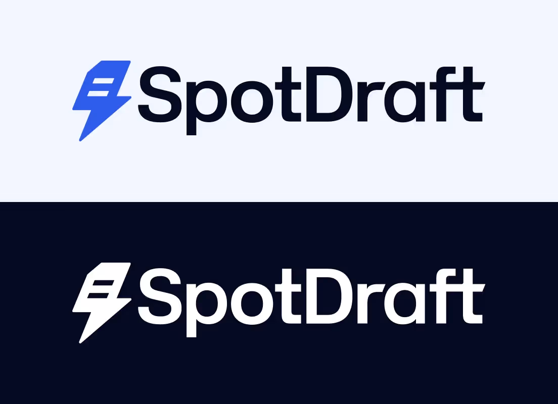 SpotDraft logo featuring a stylized lightning bolt with lines, shown in blue on a light background and in white on a dark background.