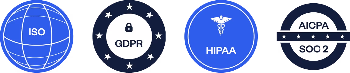 Four circular icons representing standards and regulations: ISO with a globe, GDPR with a lock and stars, HIPAA with a caduceus symbol, and AICPA SOC 2 with stars on a band.