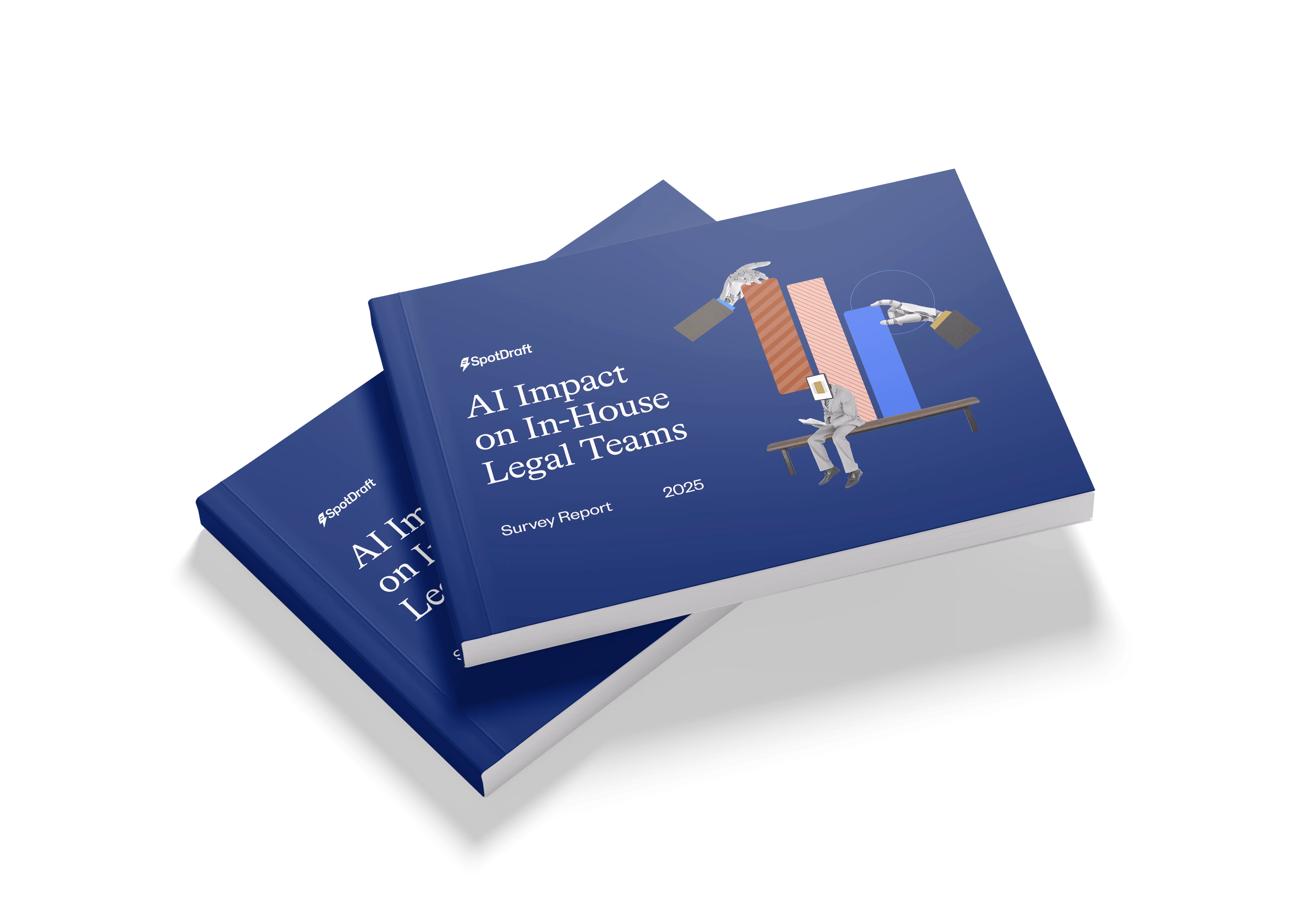 Two stacked blue books titled 'AI Impact on In-House Legal Teams Survey Report 2025' with a graphic of a suit-clad figure with a tablet head sitting on a bench and robotic hands holding bar chart elements.