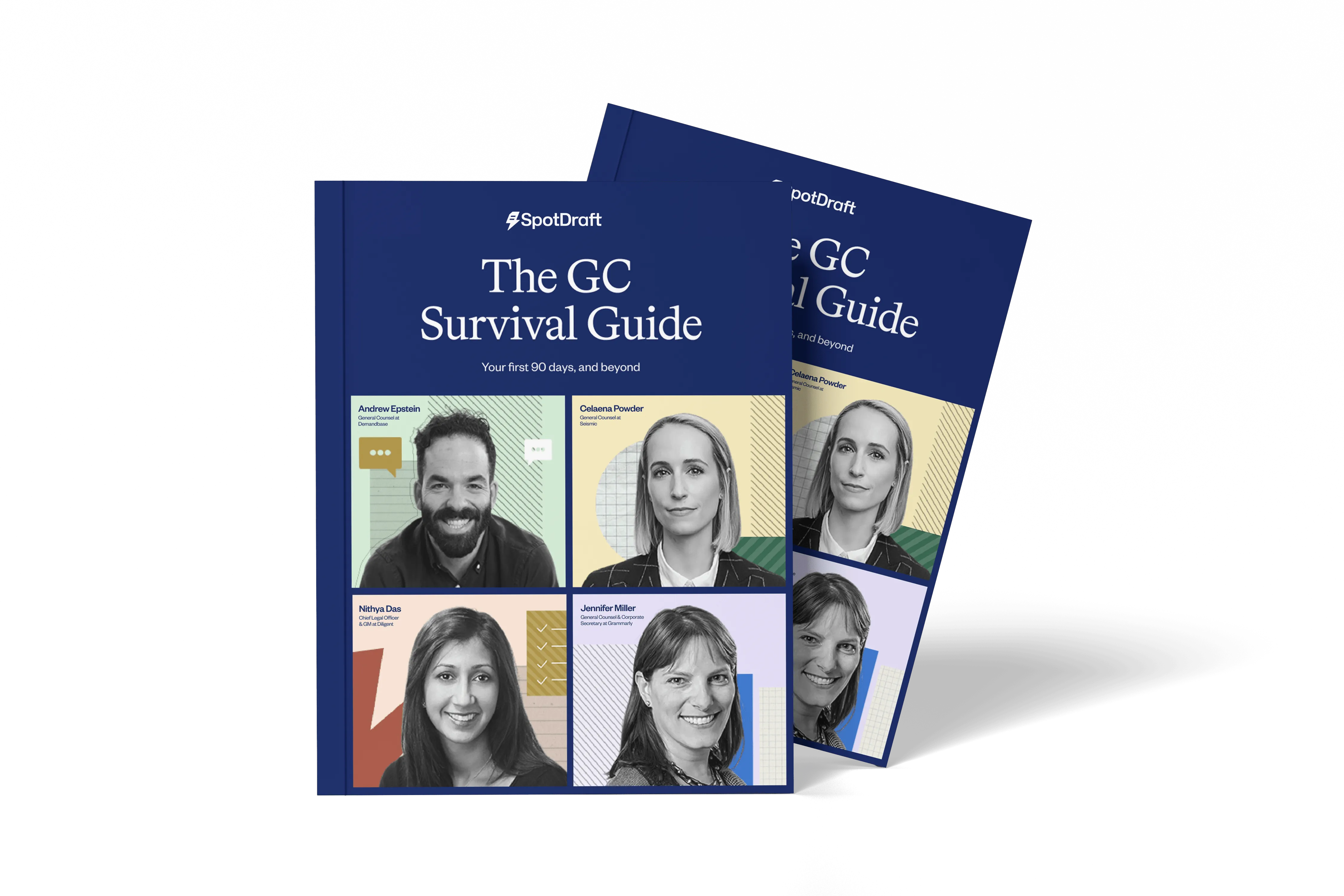 Cover of The GC Survival Guide by SpotDraft featuring black-and-white portraits of four legal professionals with colorful abstract backgrounds.