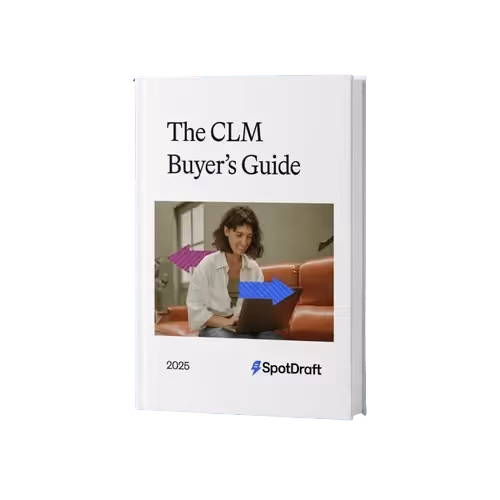 Cover of The CLM Buyer’s Guide 2025 by SpotDraft, featuring a woman using a laptop on a couch with decorative arrows.
