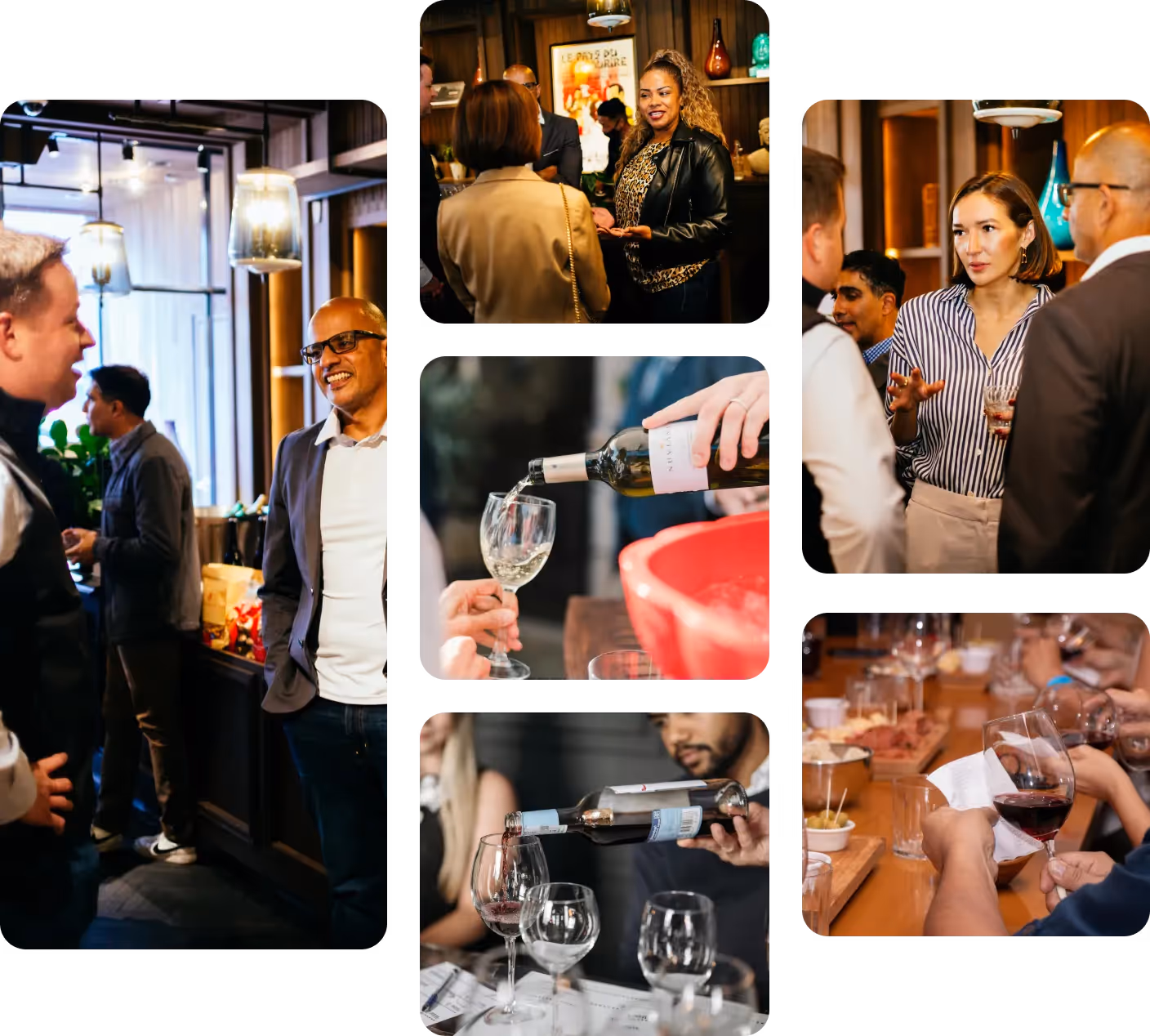 Collage of photos showing a social wine tasting event with guests conversing and wine being poured into glasses.