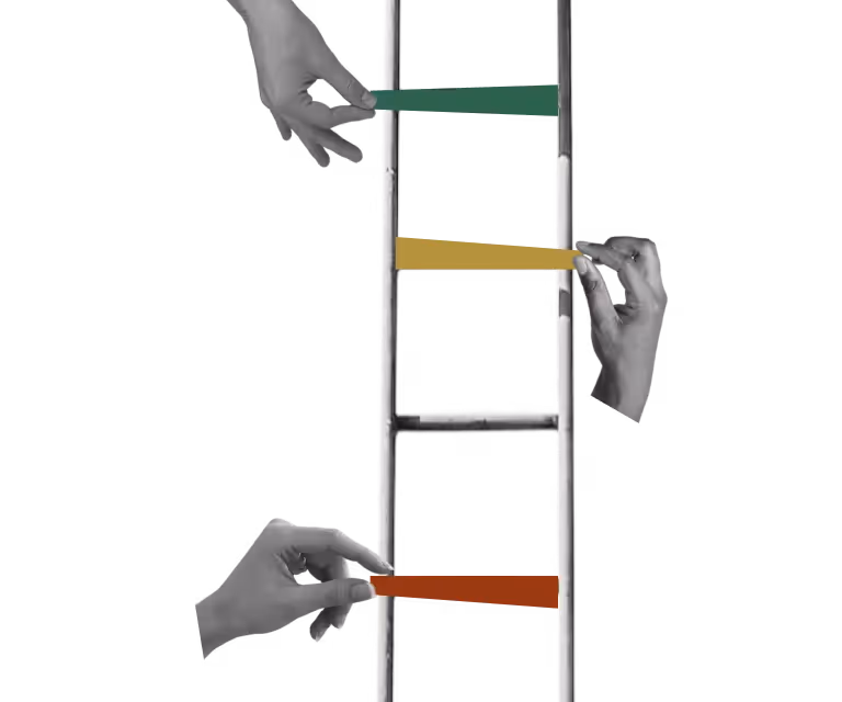 Three hands holding colored wooden sticks (green, yellow, and red) horizontally on the rungs of a ladder.