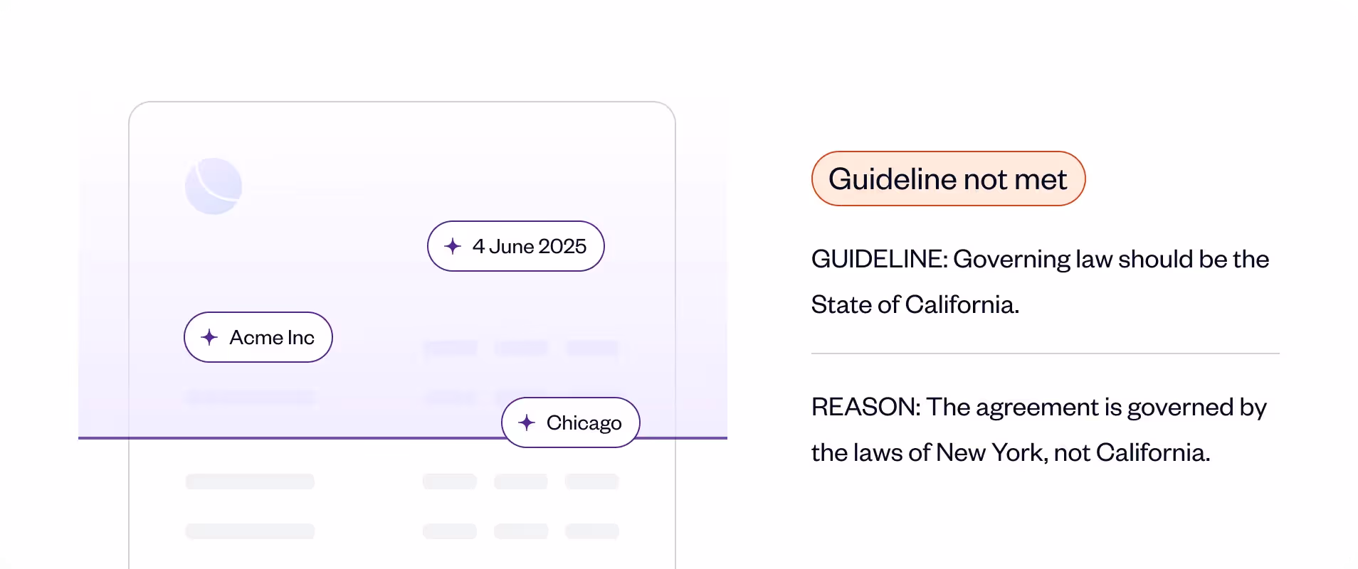 Notification indicating a guideline is not met because the governing law should be California, but the agreement states New York.