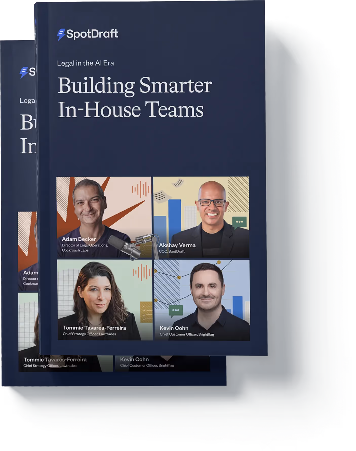 SpotDraft ebook cover titled 'Building Smarter In-House Teams' featuring photos of four professionals: Adam Becker, Akshay Verma, Tommie Tavares-Ferreira, and Kevin Cohn.