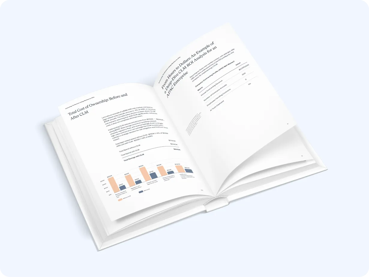 Open book showing pages with financial analysis text, a bar chart, and a table on total cost of ownership and ROI analysis for an APAC enterprise.