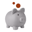 Gray piggy bank with three brown coins above it on a white background.