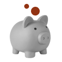Gray piggy bank with three brown coins above it on a white background.