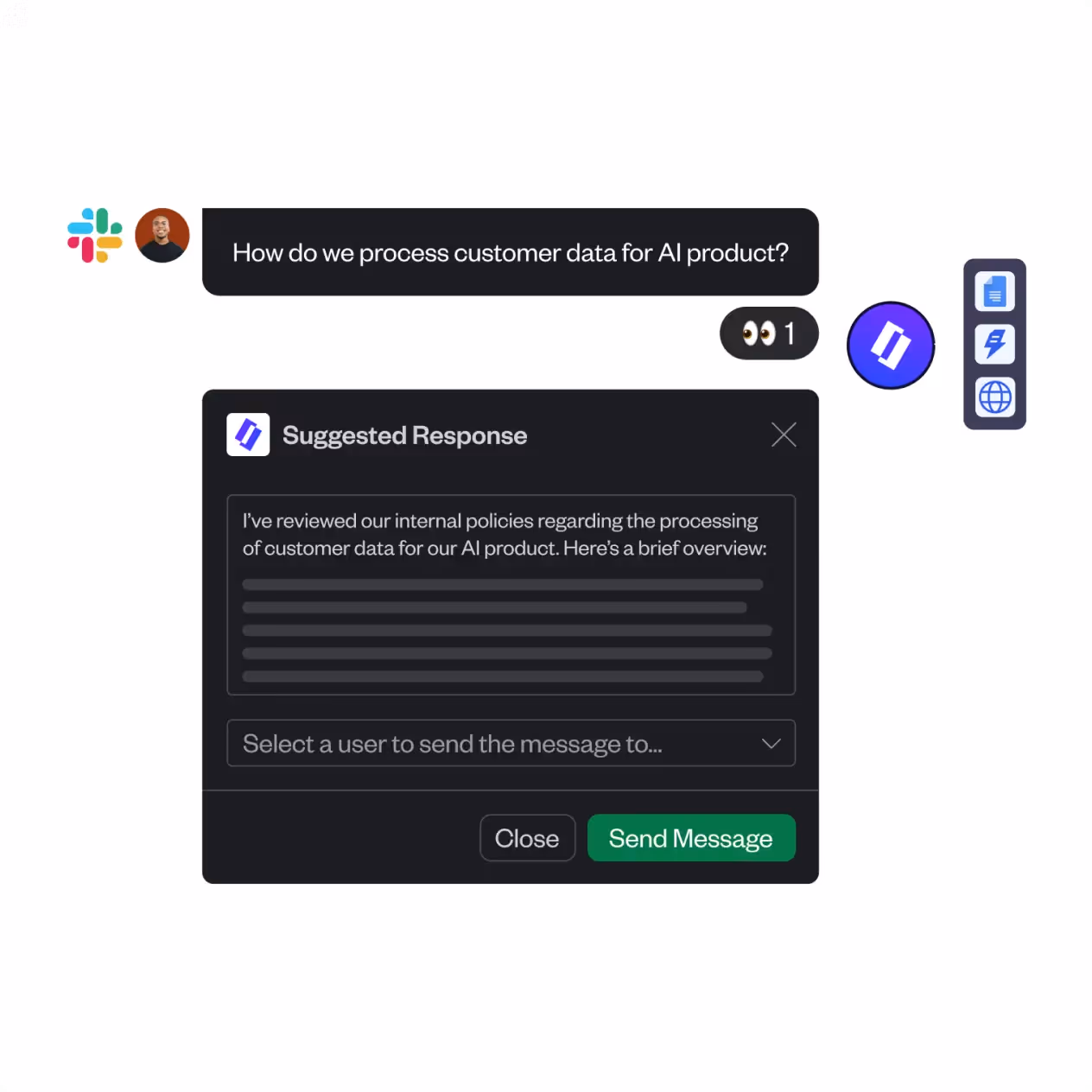 Chat interface showing a user asking about processing customer data for AI product, with a suggested response preview and options to select a user and send the message.