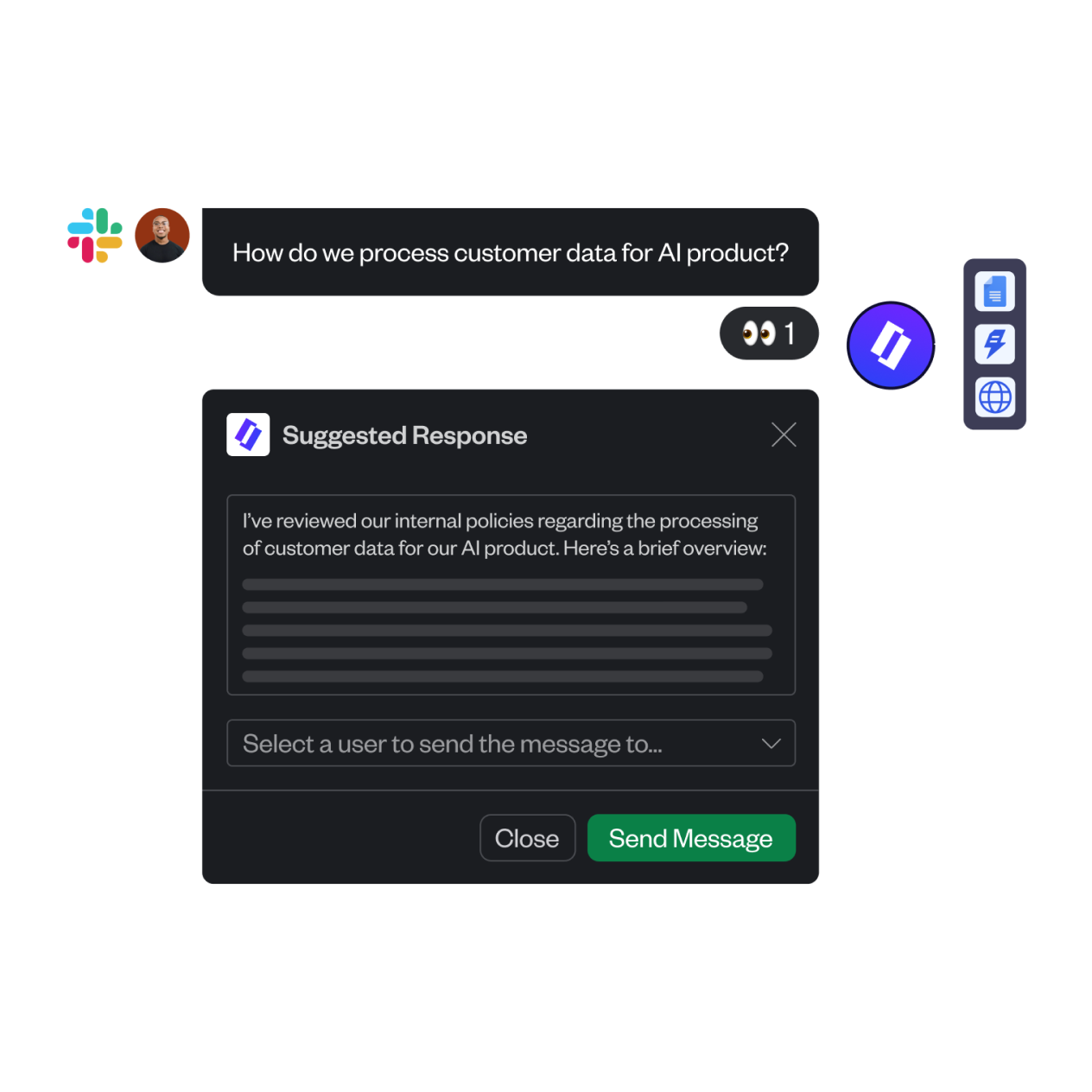 Chat interface showing a user asking about processing customer data for AI product, with a suggested response preview and options to select a user and send the message.