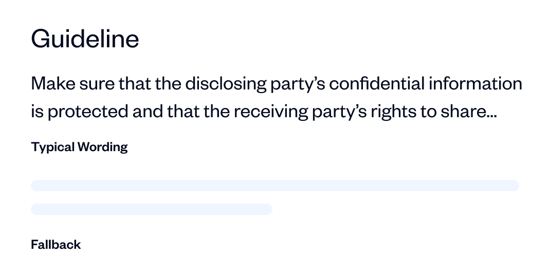 Text card titled 'Guideline' advising to protect disclosing party’s confidential information and respect receiving party’s rights, with headings 'Typical Wording' and 'Fallback' below.