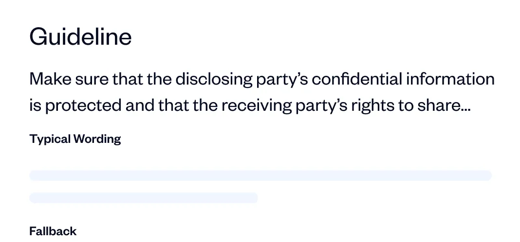 Text card titled 'Guideline' advising to protect disclosing party’s confidential information and respect receiving party’s rights, with headings 'Typical Wording' and 'Fallback' below.