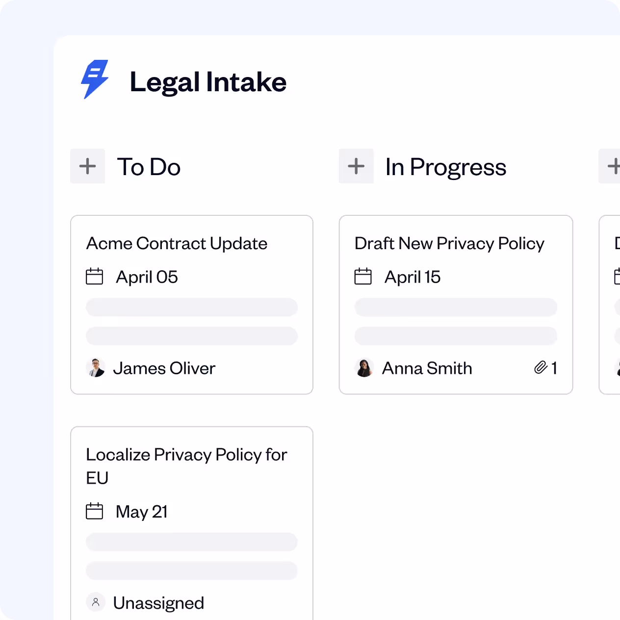 Legal Intake task board with columns To Do and In Progress showing tasks like Acme Contract Update assigned to James Oliver and Draft New Privacy Policy assigned to Anna Smith.