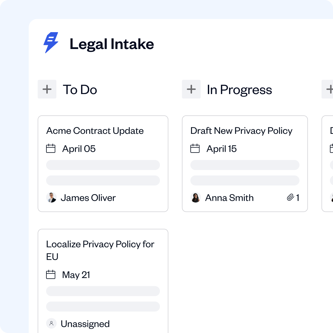 Legal Intake task board with columns To Do and In Progress showing tasks like Acme Contract Update assigned to James Oliver and Draft New Privacy Policy assigned to Anna Smith.