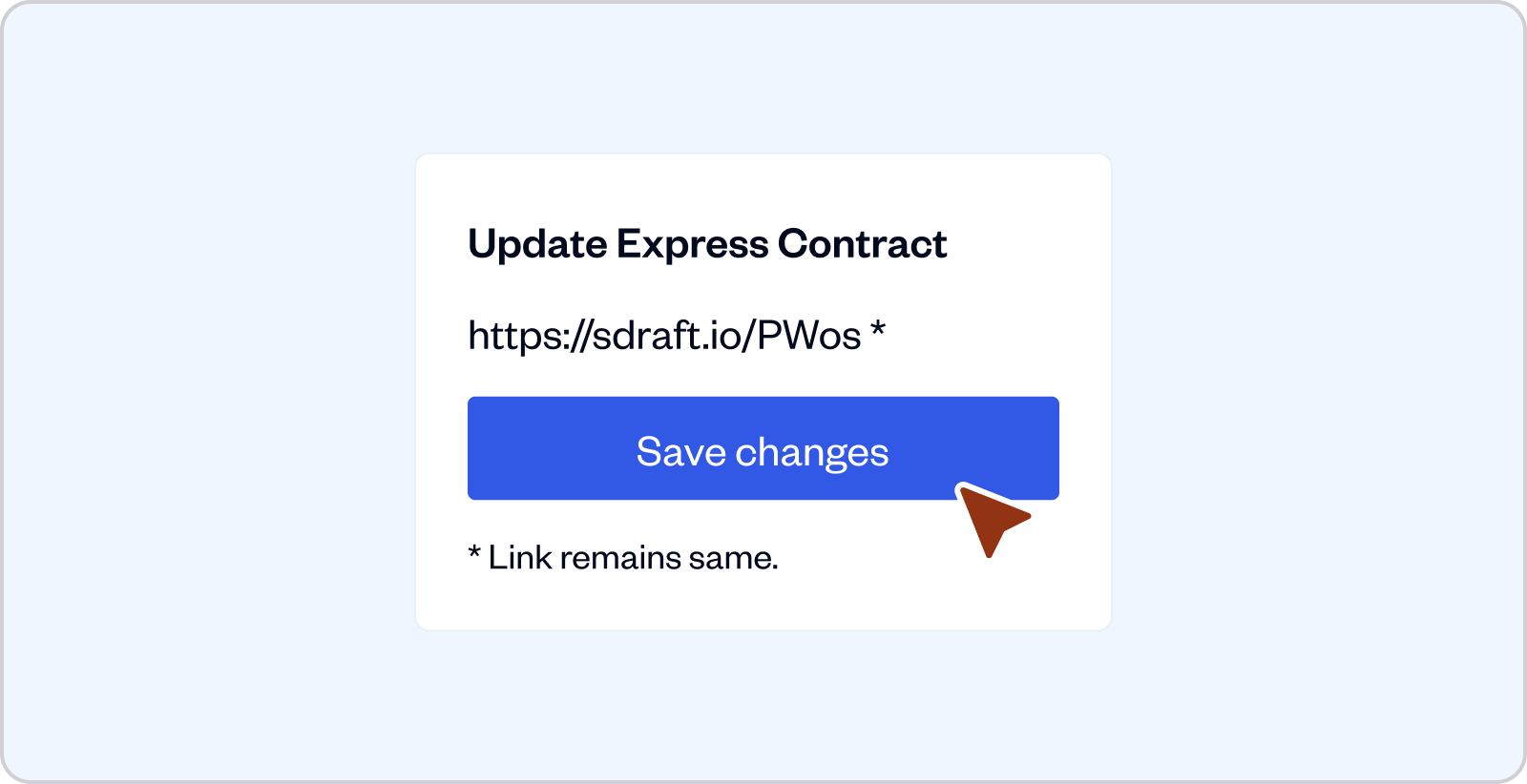 Form titled Update Express Contract with a URL input and a blue Save changes button being clicked.