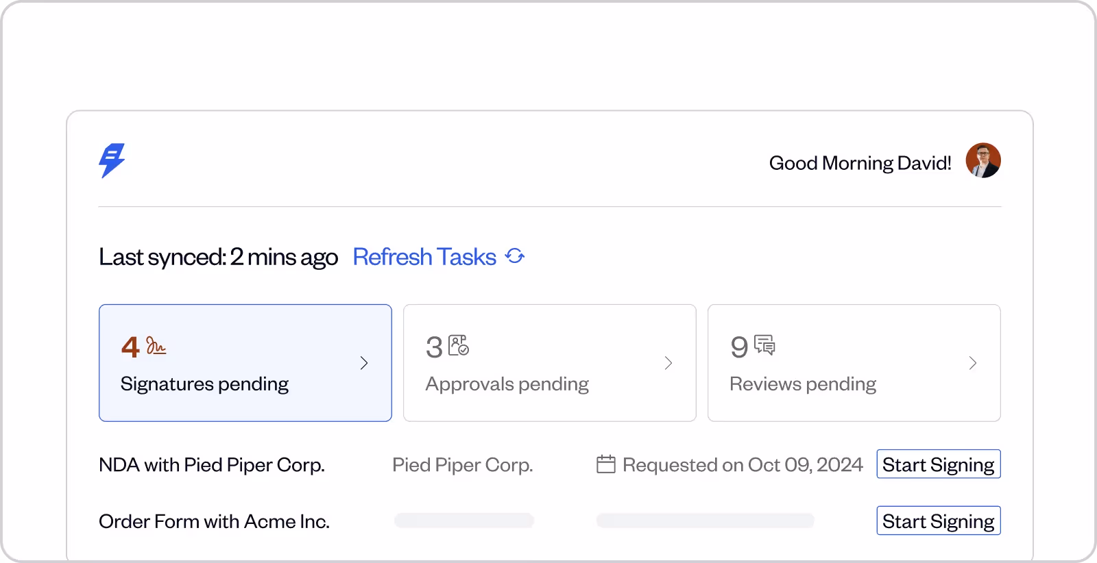 Dashboard showing 4 signatures pending, 3 approvals pending, 9 reviews pending, and tasks for NDA with Pied Piper Corp. and Order Form with Acme Inc. with Start Signing buttons.