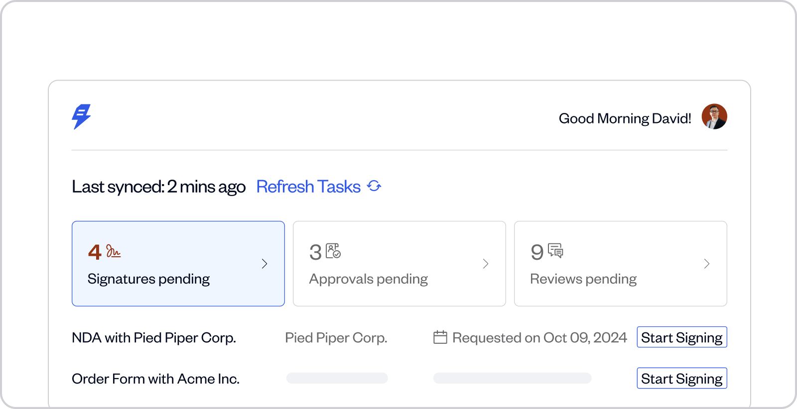Dashboard showing 4 signatures pending, 3 approvals pending, 9 reviews pending, and tasks for NDA with Pied Piper Corp. and Order Form with Acme Inc. with Start Signing buttons.