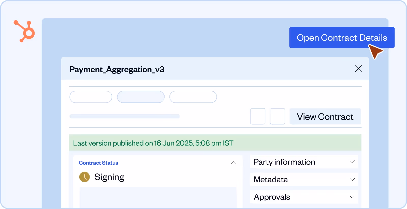 HubSpot interface showing contract Payment_Aggregation_v3 in signing status with last version published on 16 Jun 2025, 5:08 pm IST and an Open Contract Details button.