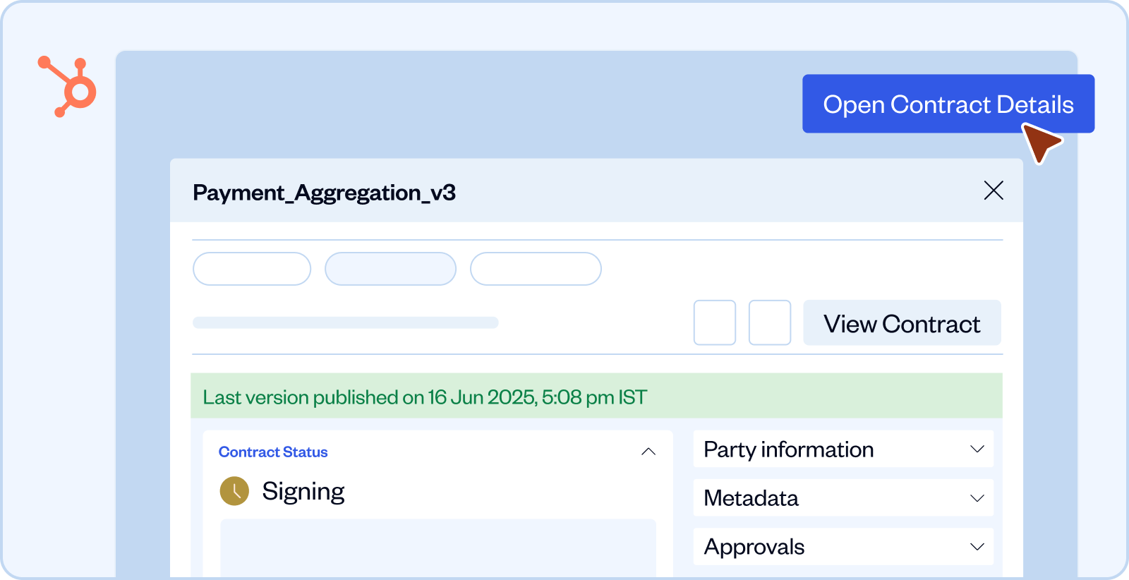 HubSpot interface showing contract Payment_Aggregation_v3 in signing status with last version published on 16 Jun 2025, 5:08 pm IST and an Open Contract Details button.