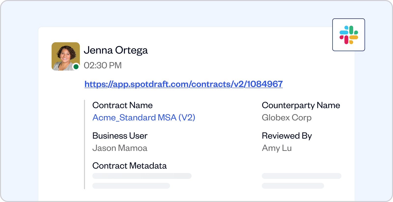 Slack message from Jenna Ortega at 02:30 PM with a link to a contract named Acme_Standard MSA (V2), counterparty Globex Corp, business user Jason Mamoa, and reviewer Amy Lu.