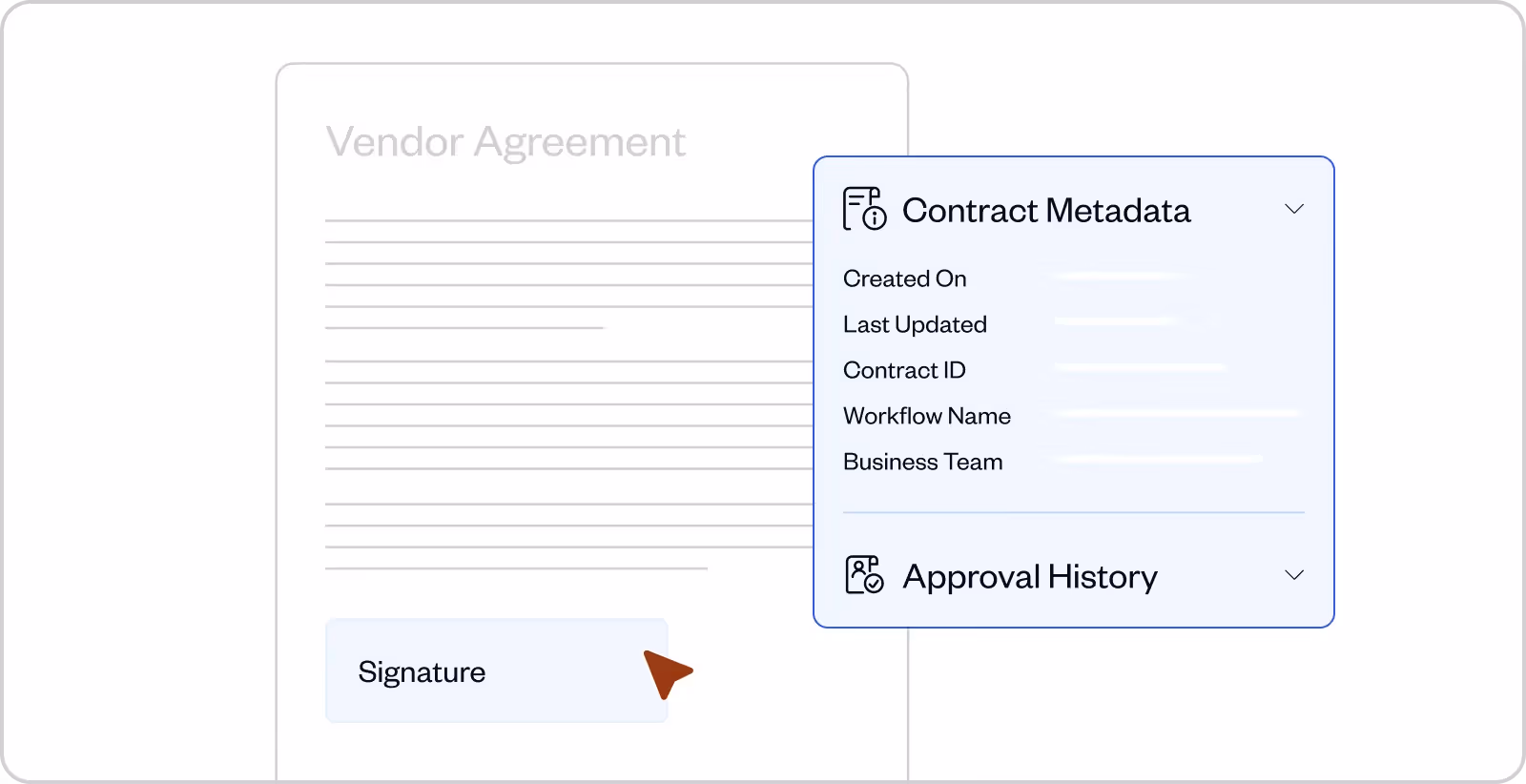Digital vendor agreement document with a highlighted signature field and a pop-up panel showing contract metadata and approval history sections.
