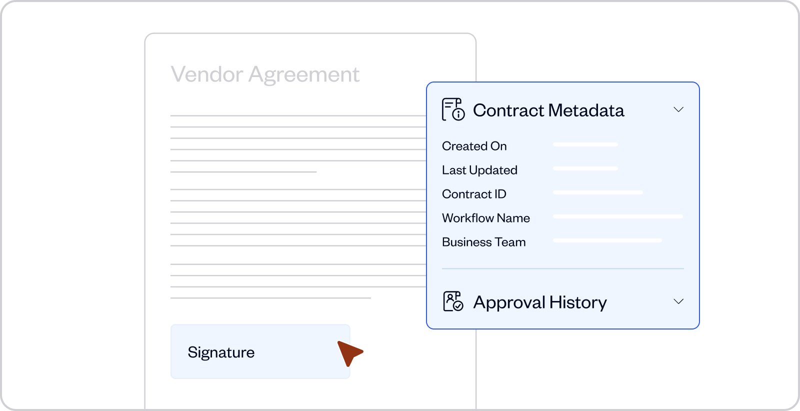 Digital vendor agreement document with a highlighted signature field and a pop-up panel showing contract metadata and approval history sections.