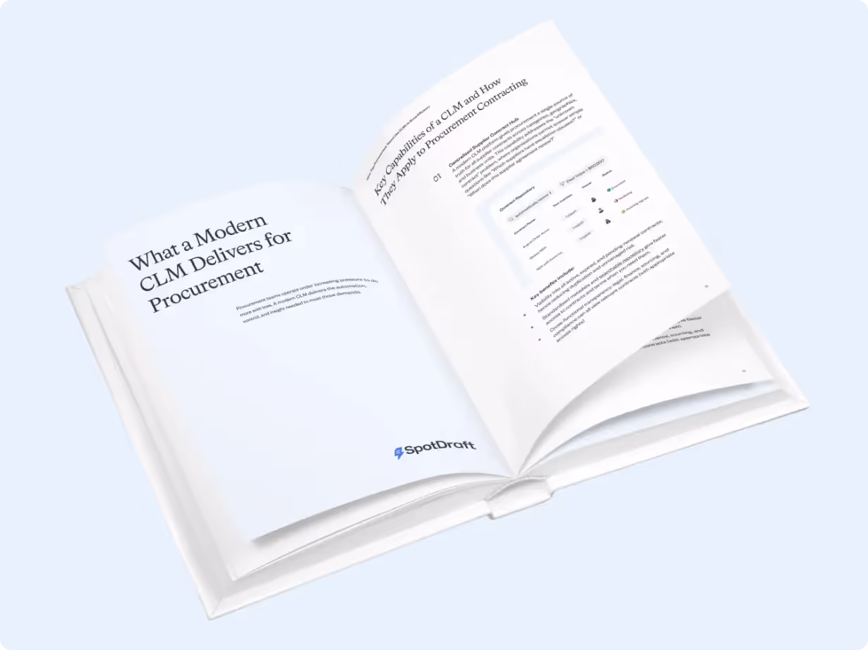 Open book displaying pages titled 'What a Modern CLM Delivers for Procurement' with SpotDraft logo on a light blue background.