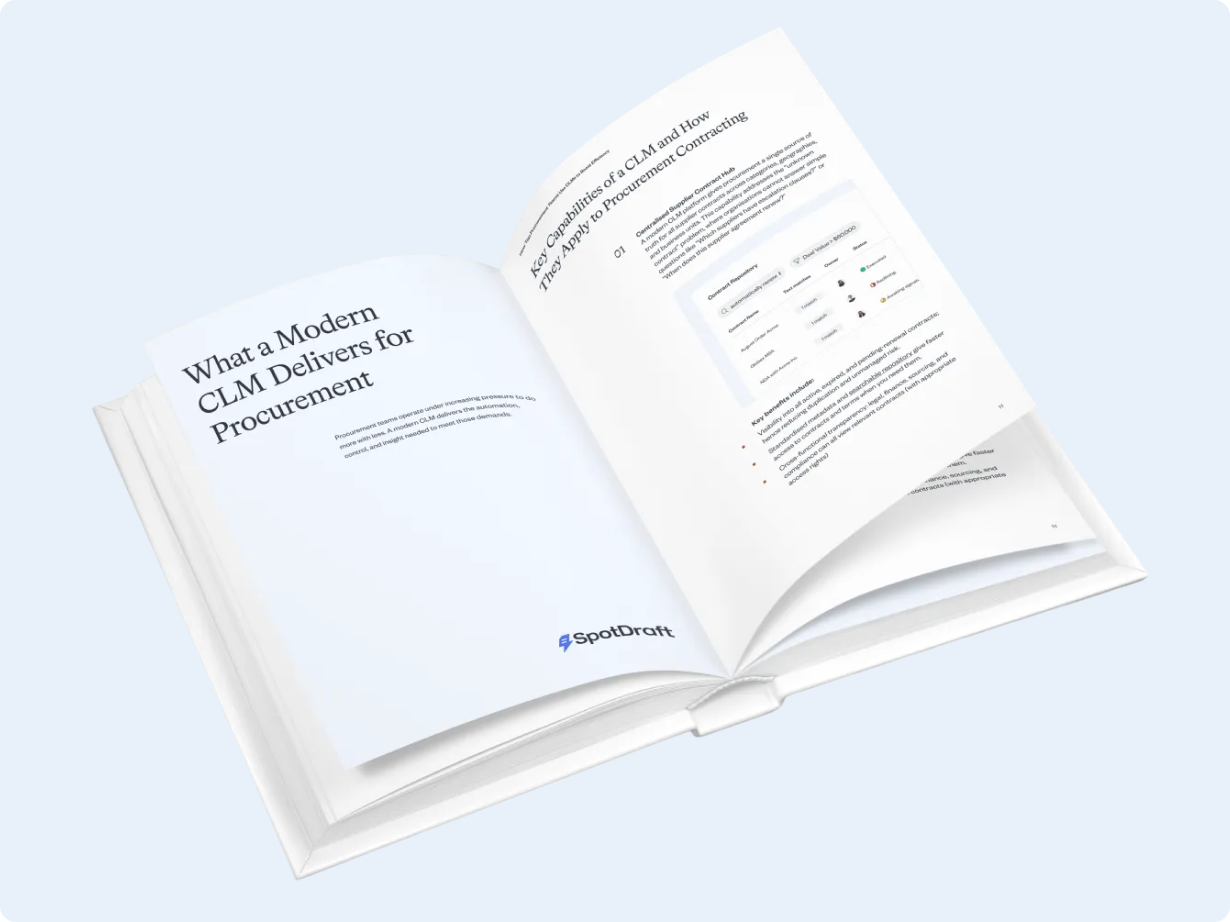 Open book displaying pages titled 'What a Modern CLM Delivers for Procurement' with SpotDraft logo on a light blue background.