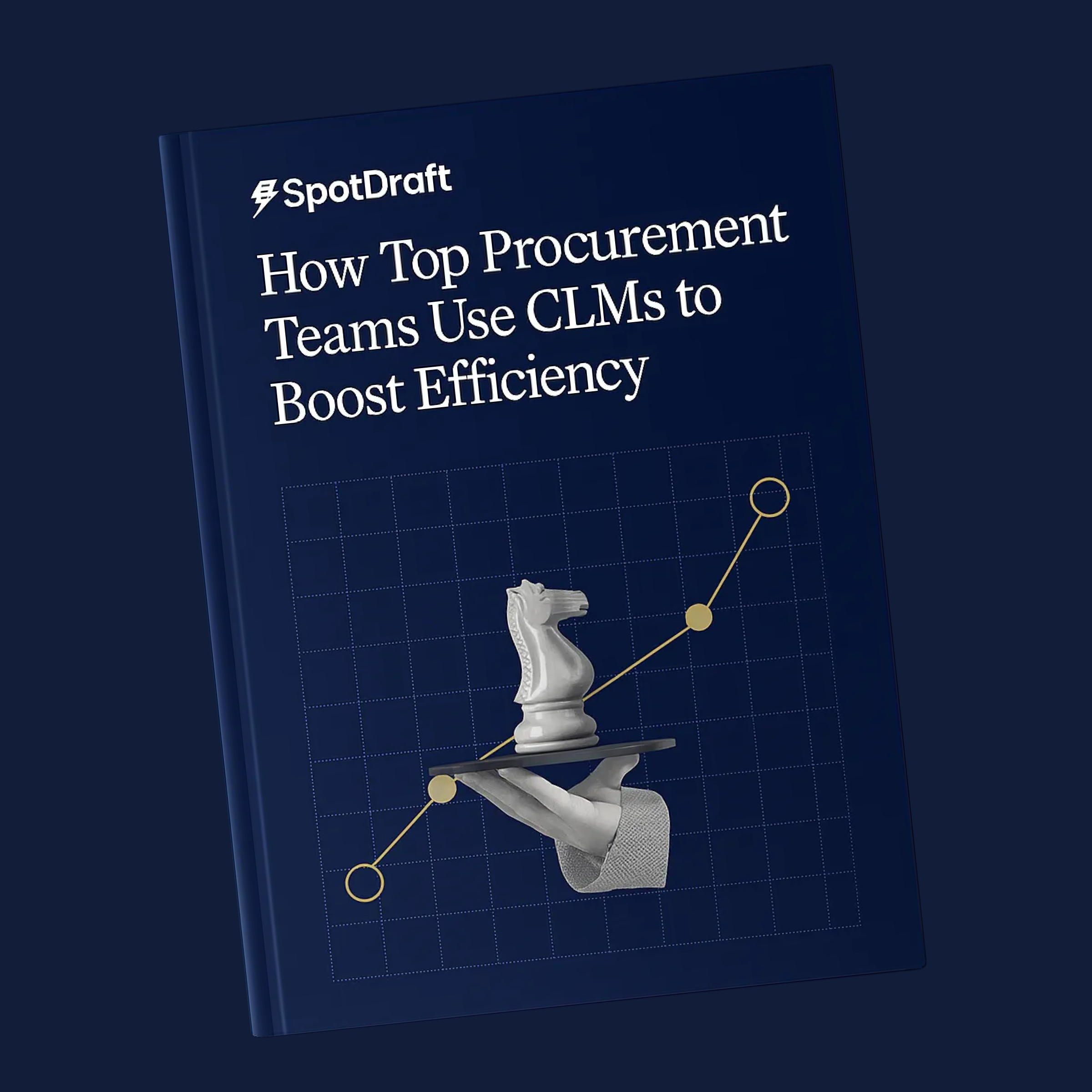 Book cover titled 'How Top Procurement Teams Use CLMs to Boost Efficiency' with SpotDraft logo and illustration of a hand holding a tray with a chess knight and upward graph line.